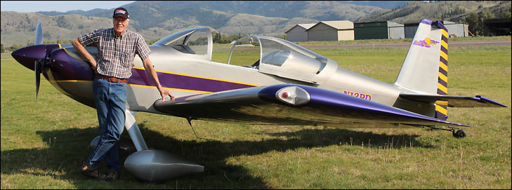 photo of don owens by his custom built small planeDon Owens with the two-passenger RV-7 aluminum aircraft he built. It can fly up to 200 miles per hour on 10 gallons of fuel.