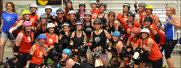 photo of roller derby women lined up to start a bout