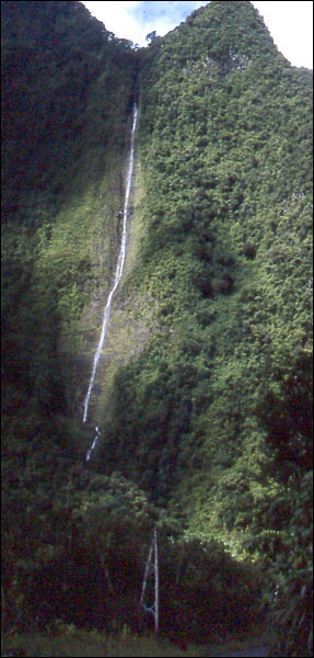 photo of very tall narrow waterfall on tropical cliff face